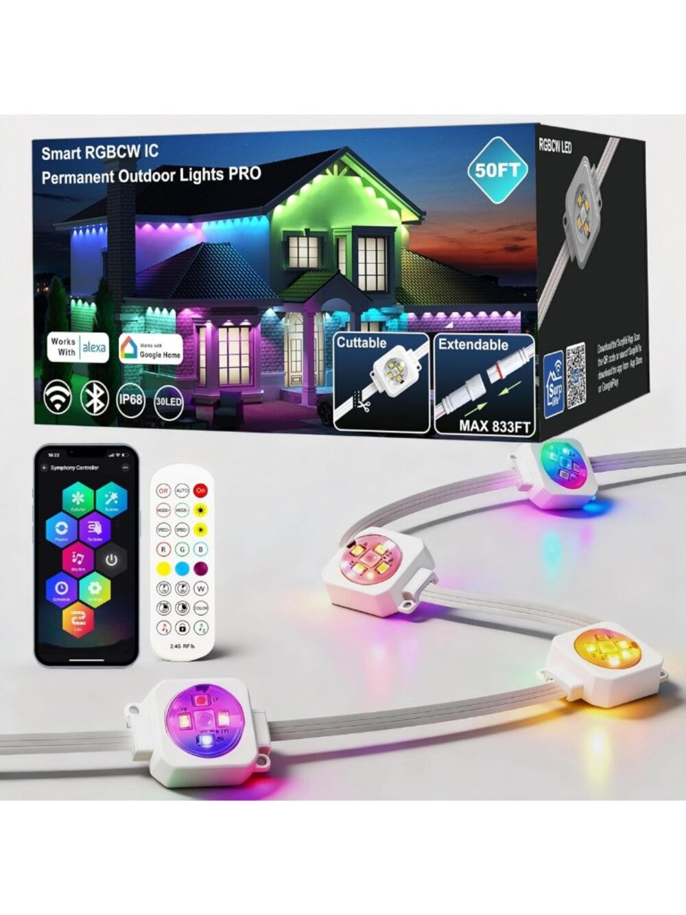 50ft Outdoor LED String Lights - 120 RGBCW+IC, Cuttable, Waterproof, Festive